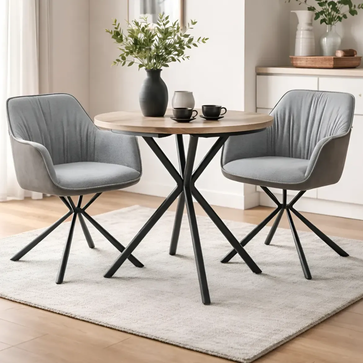 Set 2 Sedie Imbottite in Tessuto Grigio Retro in Ecopelle Gambe Nere