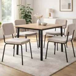 Set 4 Sedie in Tessuto Beige 44x55x83 cm Struttura Metallo Nero