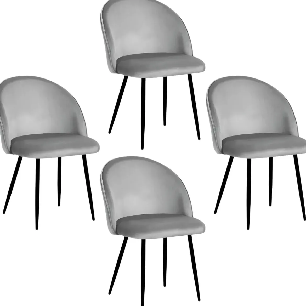 Set 4 Sedie in Velluto Grigio 47x57x78 cm Gambe in Metallo Nero