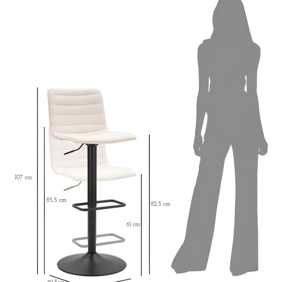 Set 2 Sgabelli Bar Regolabili Metallo Nero Tessuto Beige Poggiapiedi