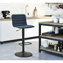 Set 2 Sgabelli Bar Regolabili Metallo Nero Tessuto Blu Poggiapiedi