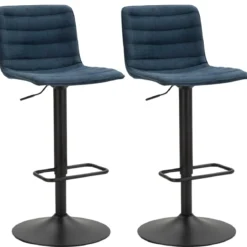 Set 2 Sgabelli Bar Regolabili Metallo Nero Tessuto Blu Poggiapiedi