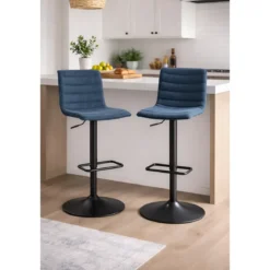 Set 2 Sgabelli Bar Regolabili Metallo Nero Tessuto Blu Poggiapiedi