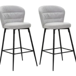 Set 2 Sgabelli da Bar Imbottiti Tessuto Grigio Struttura Metallo Nero
