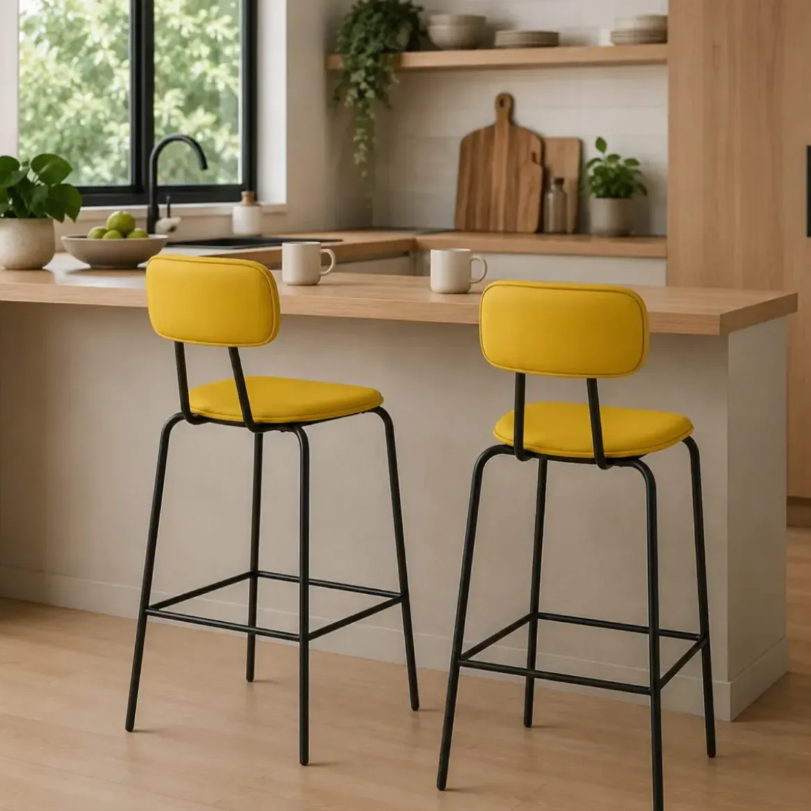 Set 2 Sgabelli da Bar per Cucina Penisola Ecopelle Giallo Effetto Cuoio