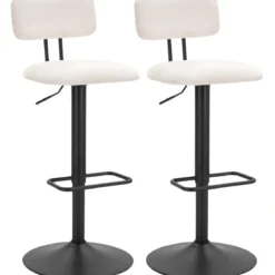 Set 2 Sgabelli da Bar Regolabili Metallo Nero Tessuto Imbottito Beige