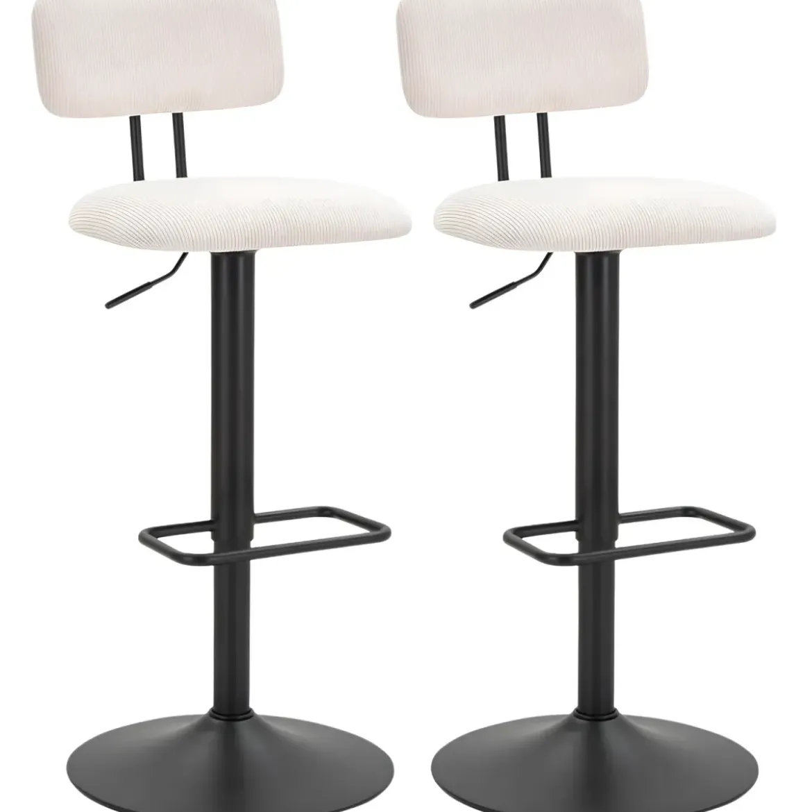 Set 2 Sgabelli da Bar Regolabili Metallo Nero Tessuto Imbottito Beige