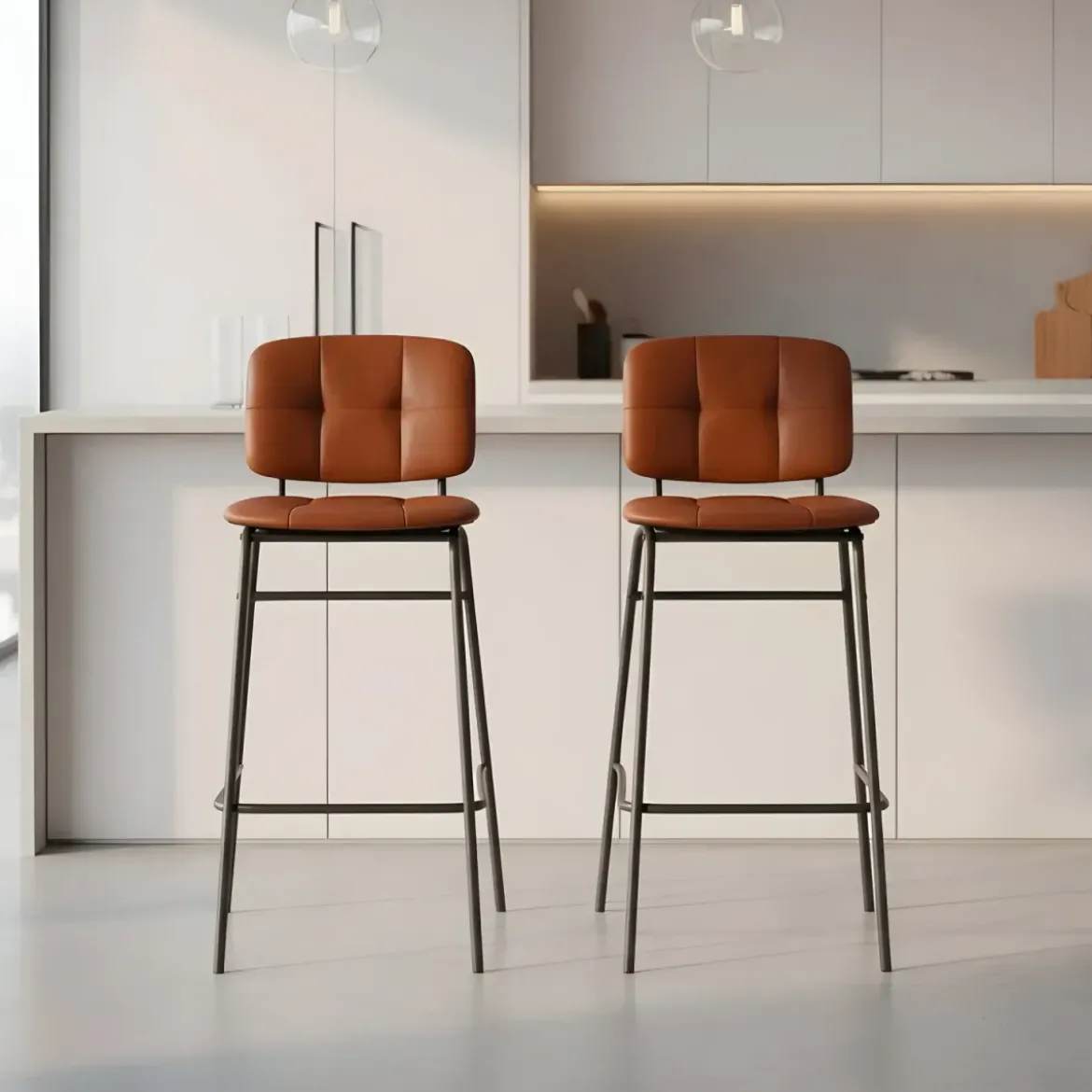 Set 2 Sgabelli da Cucina con Schienale Ecopelle Mattone Gambe Metallo