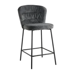 Set 2 Sgabelli da Interno Imbottiti in Tessuto Teddy Grigio Gambe Nere