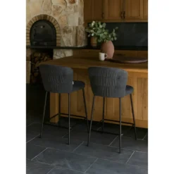 Set 2 Sgabelli da Interno Imbottiti in Tessuto Teddy Grigio Gambe Nere