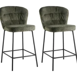 Set 2 Sgabelli da Interno Imbottiti in Tessuto Teddy Verde Gambe Nere