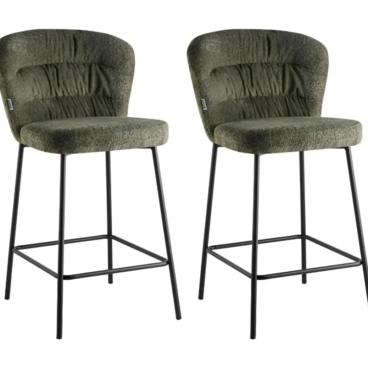 Set 2 Sgabelli da Interno Imbottiti in Tessuto Teddy Verde Gambe Nere