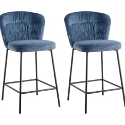 Set 2 Sgabelli Imbottiti in Tessuto Teddy Azzurro Polvere Gambe Nere