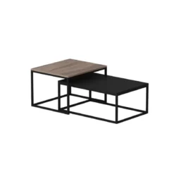 Set Tavolini da Salotto Nero e Noce con Struttura in Metallo