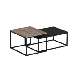 Set Tavolini da Salotto Nero e Noce con Struttura in Metallo
