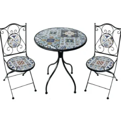Set Tavolo Ø 60 cm con 2 Sedie Pieghevoli da Giardino Mosaico Blu