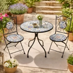 Set Tavolo Ø 60 cm con 2 Sedie Pieghevoli da Giardino Mosaico Blu