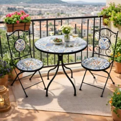 Set Tavolo Ø 60 cm con 2 Sedie Pieghevoli da Giardino Mosaico Blu