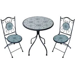 Set Tavolo Ø 60 cm con 2 Sedie Pieghevoli da Giardino Bianco Azzurro