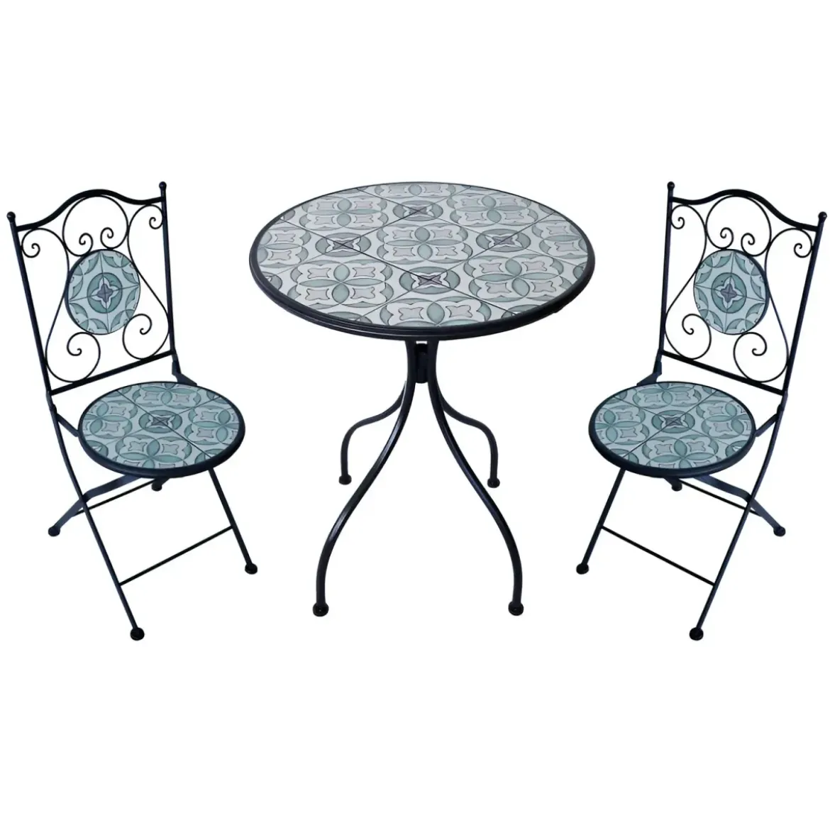 Set Tavolo Ø 60 cm con 2 Sedie Pieghevoli da Giardino Bianco Azzurro