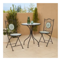Set Tavolo Ø 60 cm con 2 Sedie Pieghevoli da Giardino Bianco Azzurro