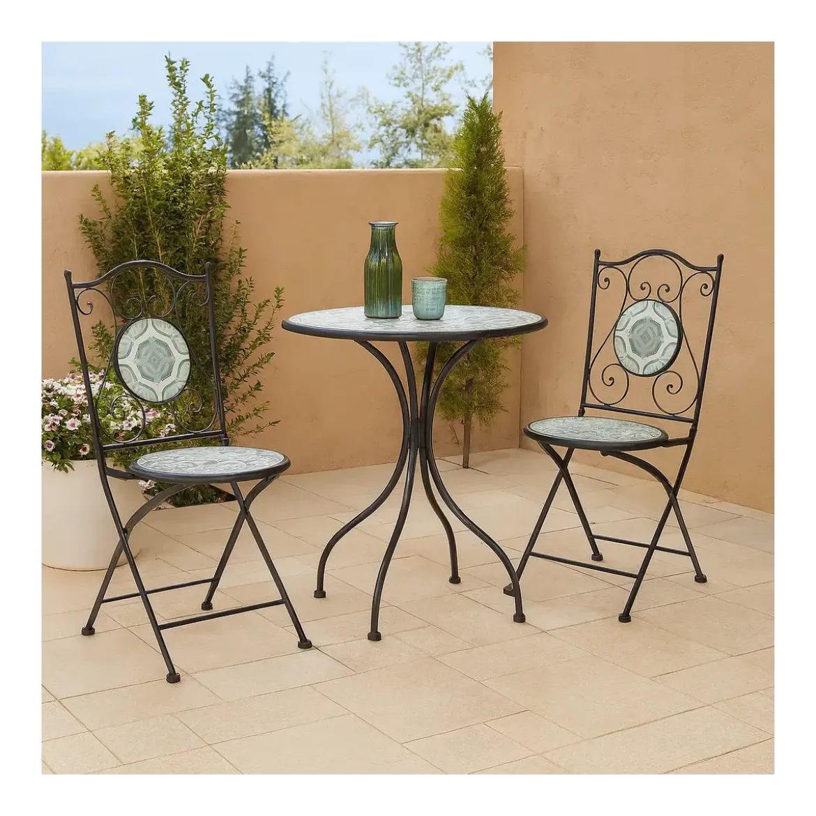 Set Tavolo Ø 60 cm con 2 Sedie Pieghevoli da Giardino Bianco Azzurro