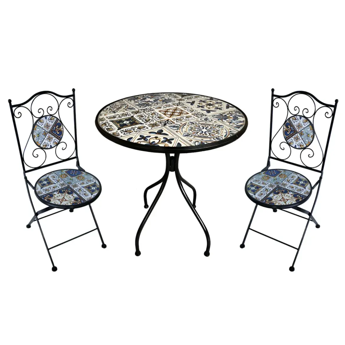 Set Tavolo Ø 60 cm con 2 Sedie Pieghevoli da Giardino Beige Azzurro