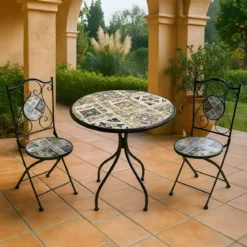 Set Tavolo Ø 60 cm con 2 Sedie Pieghevoli da Giardino Beige Azzurro