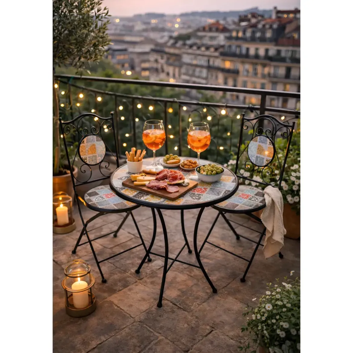 Set Tavolo Ø 60 cm con 2 Sedie Pieghevoli da Giardino Effetto Mosaico
