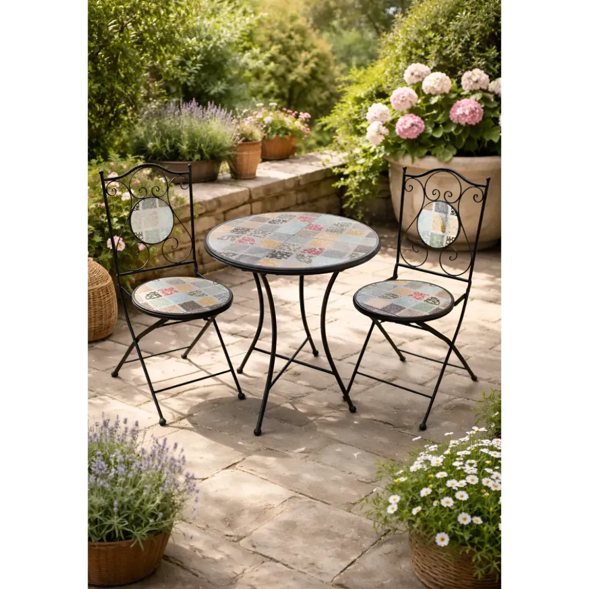 Set Tavolo Ø 60 cm con 2 Sedie Pieghevoli da Giardino Effetto Mosaico