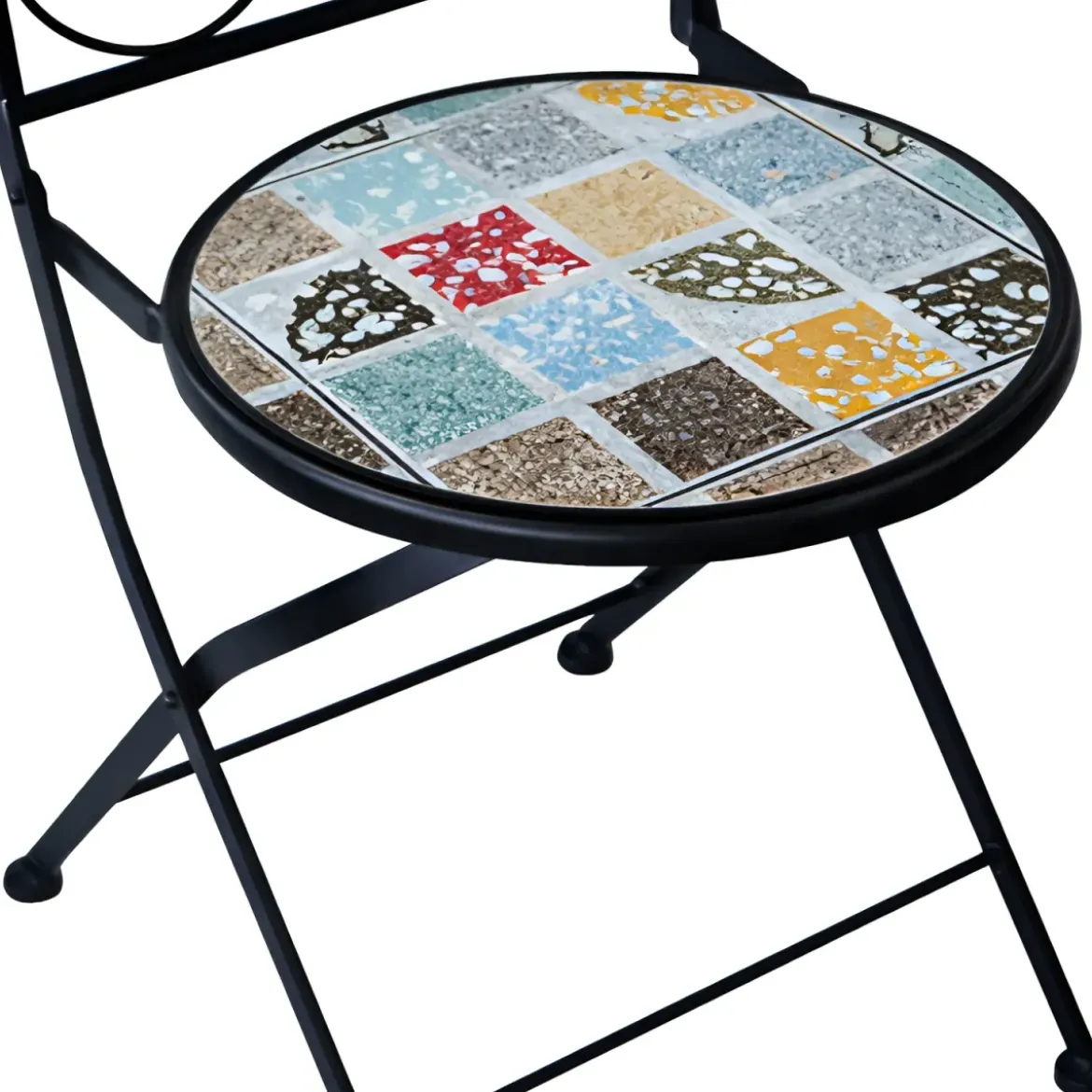 Set Tavolo Ø 60 cm con 2 Sedie Pieghevoli da Giardino Effetto Mosaico