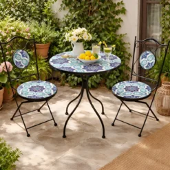 Set Tavolo Ø 60 cm con 2 Sedie Pieghevoli da Giardino Blu Celeste
