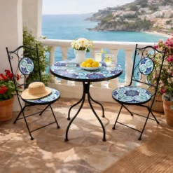 Set Tavolo Ø 60 cm con 2 Sedie Pieghevoli da Giardino Blu Celeste