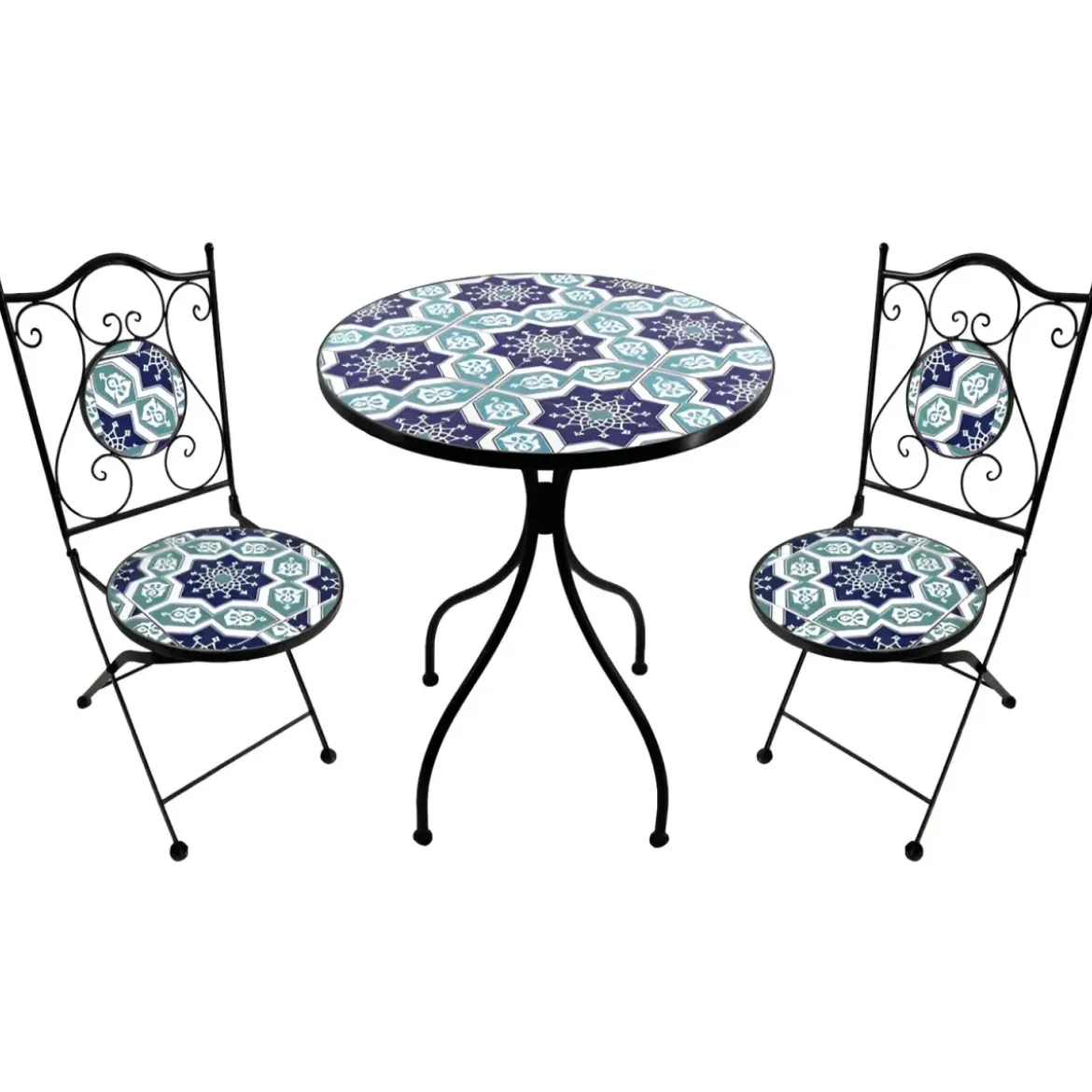 Set Tavolo Ø 60 cm con 2 Sedie Pieghevoli da Giardino Blu Celeste