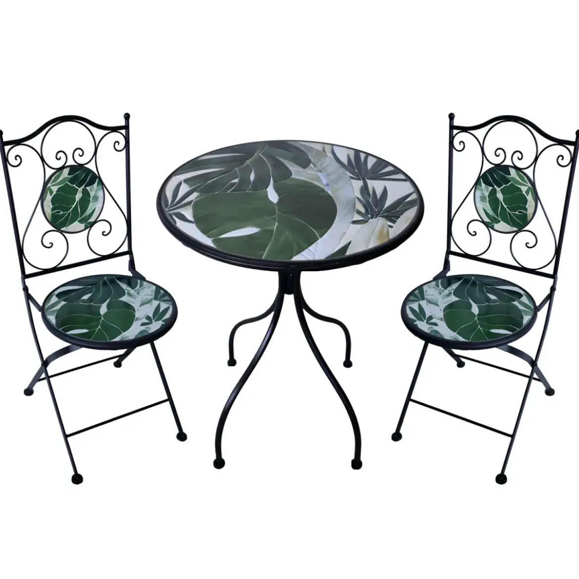 Set Tavolo da Giardino Ø 60 cm con 2 Sedie Pieghevoli in Ferro Verde