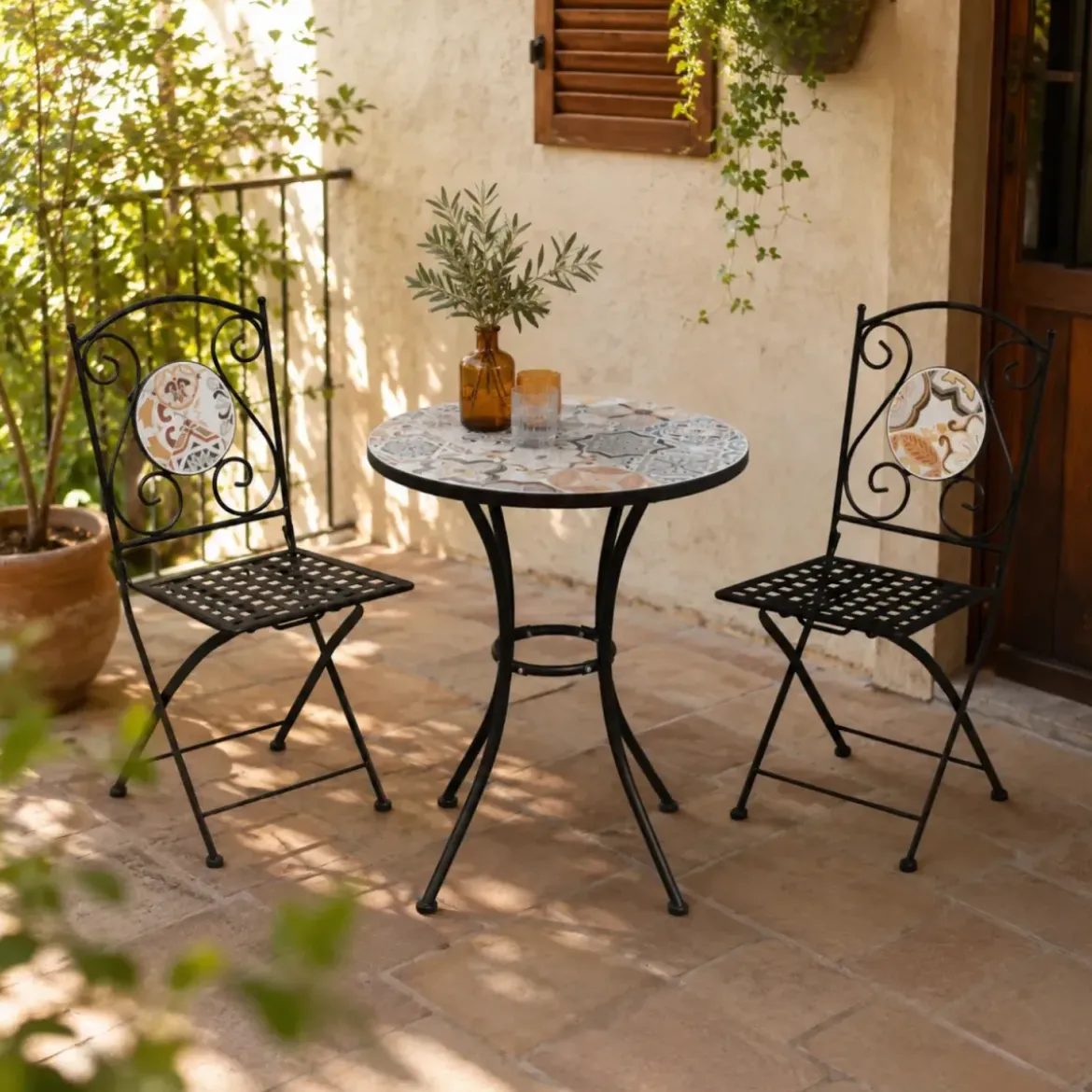 Set Tavolo e Sedie Pieghevole Rotondo Maiolica Sicilia