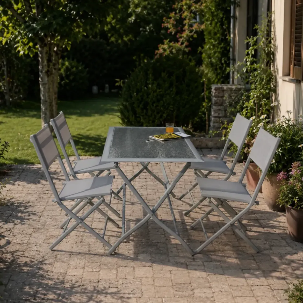Set Tavolo e 4 Sedie Pieghevoli in Acciaio Arredo Esterno da Giardino Balcone