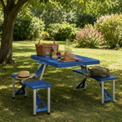 Set Tavolo Pieghevole con 4 Sgabelli in Alluminio Blu