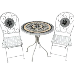 Set Tavolo 60x72 cm 2 Sedie Metallo Bianco Antico Mosaico da Esterno