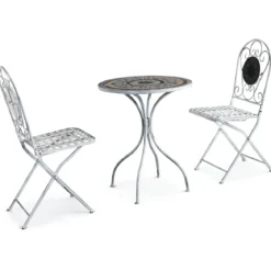 Set Tavolo 60x72 cm 2 Sedie Metallo Bianco Antico Mosaico da Esterno
