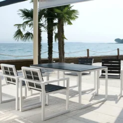 Set Tavolo 150x90 4 Sedie da Giardino Alluminio Legno Sintetico Nero