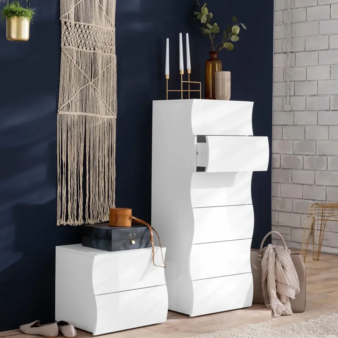 Settimino con 6 Cassetti Onda in Legno Bianco Lucido Camera Ingresso
