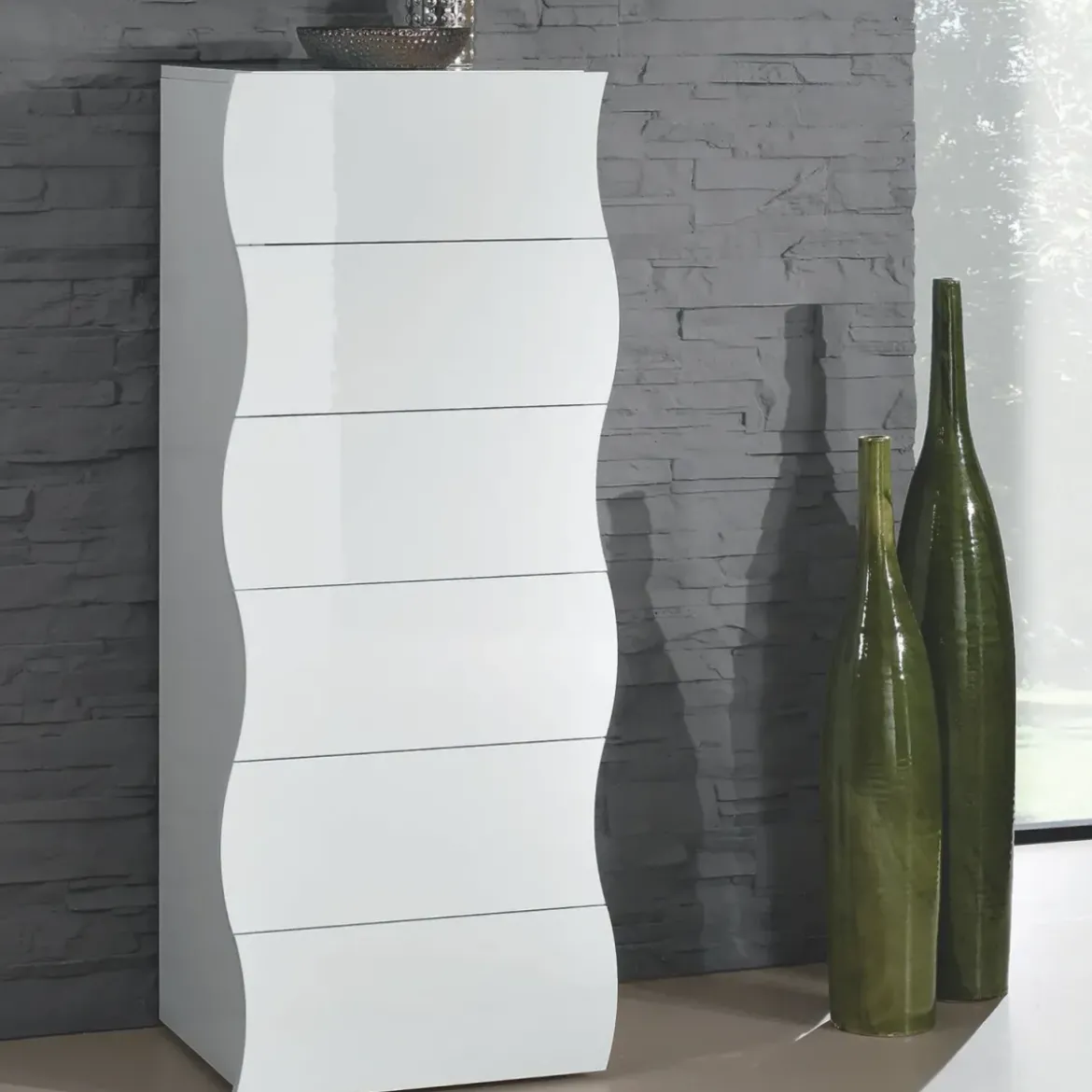 Settimino con 6 Cassetti Onda in Legno Bianco Lucido Camera Ingresso