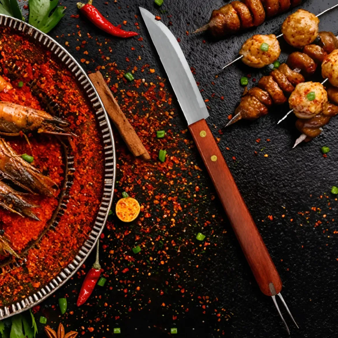 Set Utensili Barbecue 18 Pezzi in Acciaio Cromato con Manico in Legno