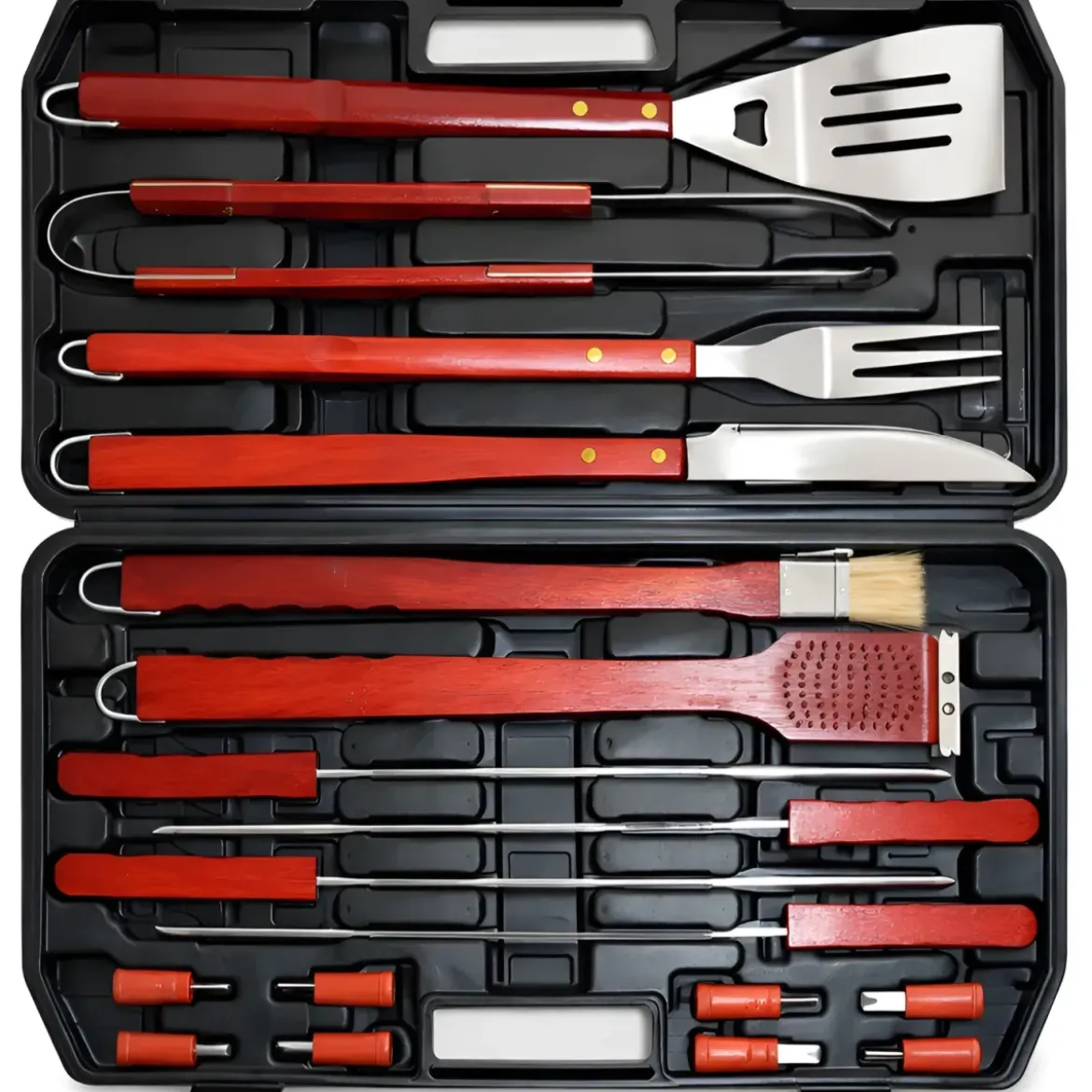 Set Utensili Barbecue 18 Pezzi in Acciaio Cromato con Manico in Legno