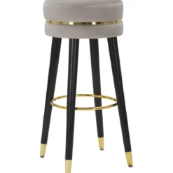 Sgabello Bar in Velluto Grigio Finitura Oro con Poggiapiedi Moderno