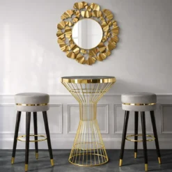 Sgabello Bar in Velluto Grigio Finitura Oro con Poggiapiedi Moderno