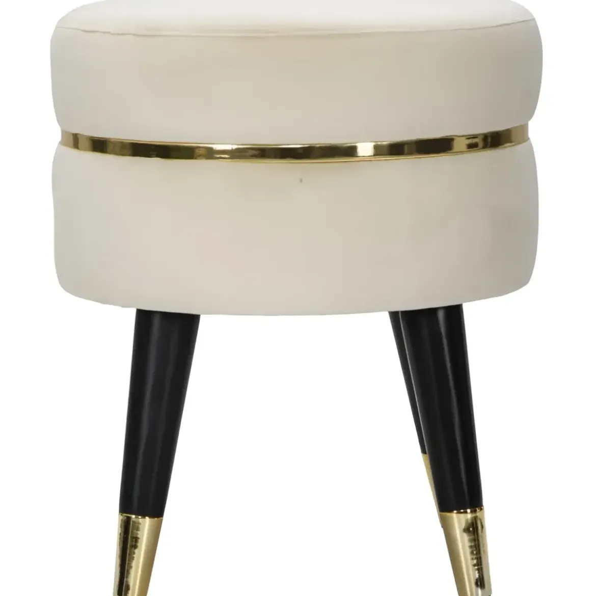 Sgabello Basso in Velluto Crema Finiture Oro Pouf Salotto Camera