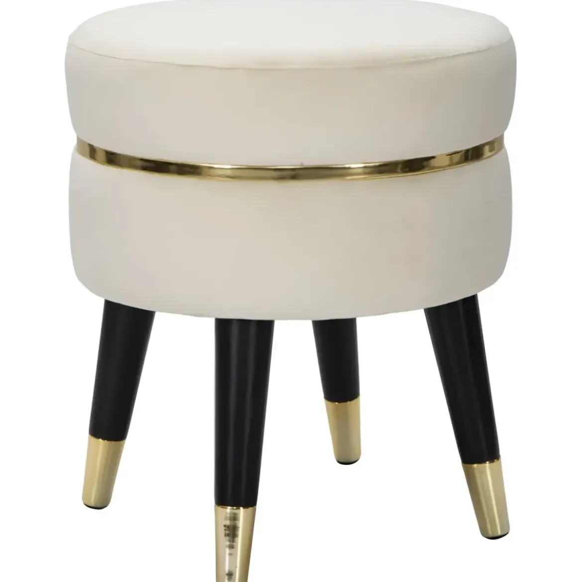 Sgabello Basso in Velluto Crema Finiture Oro Pouf Salotto Camera