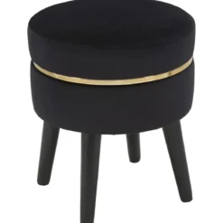 Sgabello Basso in Velluto Nero con Finiture Oro Pouf Salotto Camera